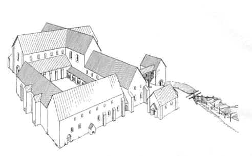 belholt Kloster o.1250. Rekonstruktionstegning af C.G. Schultz 1945.