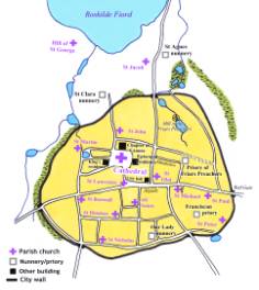 Reconstructed city map of medieval Roskilde. Click for larger image.