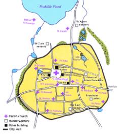 Reconstructed city map of medieval Roskilde. Click for larger image.