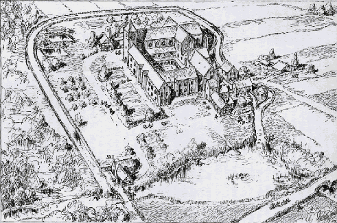 Rekonstruktionstegning af belholt Kloster o.1250 (Schultz 1945)